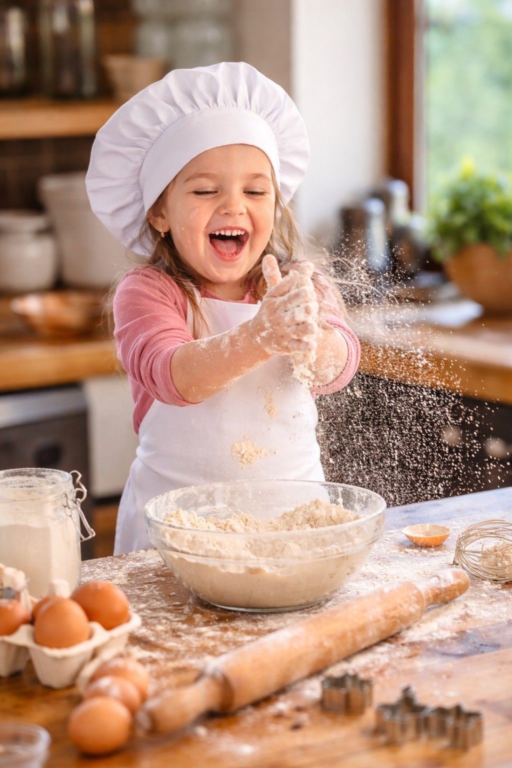 A young girl bursting into laughter as a cloud of flour explodes from her hands in a sunny kitchen.