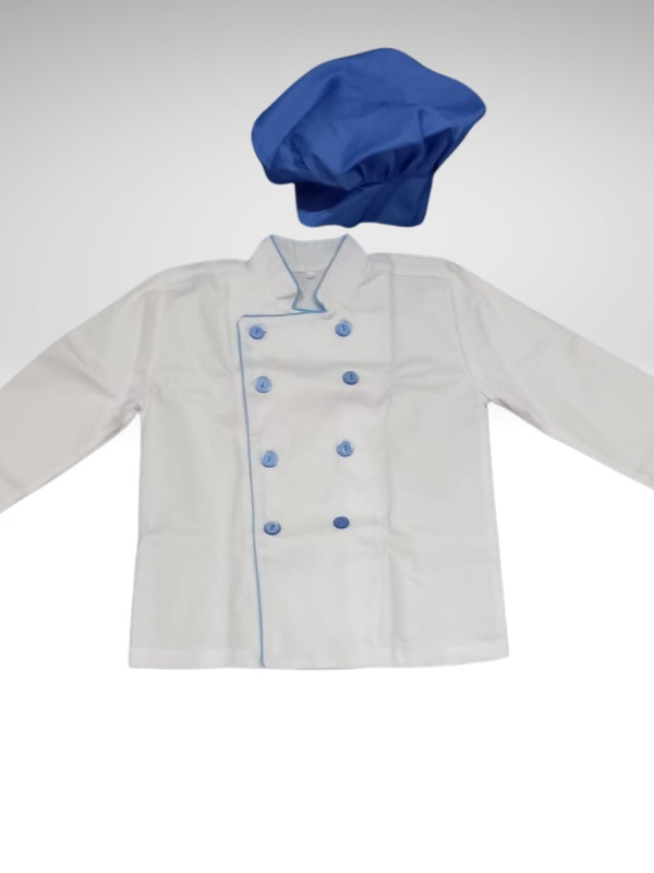 Relish Reimagined kids' chef jacket in white twill with blue piping and buttons, paired with matching blue mushroom hat.