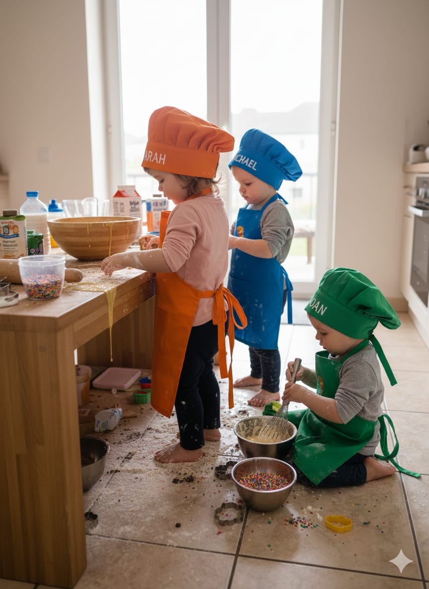 Three toddlers in orange, blue and green Relish chef hats and aprons baking together in a sunlit kitchen.